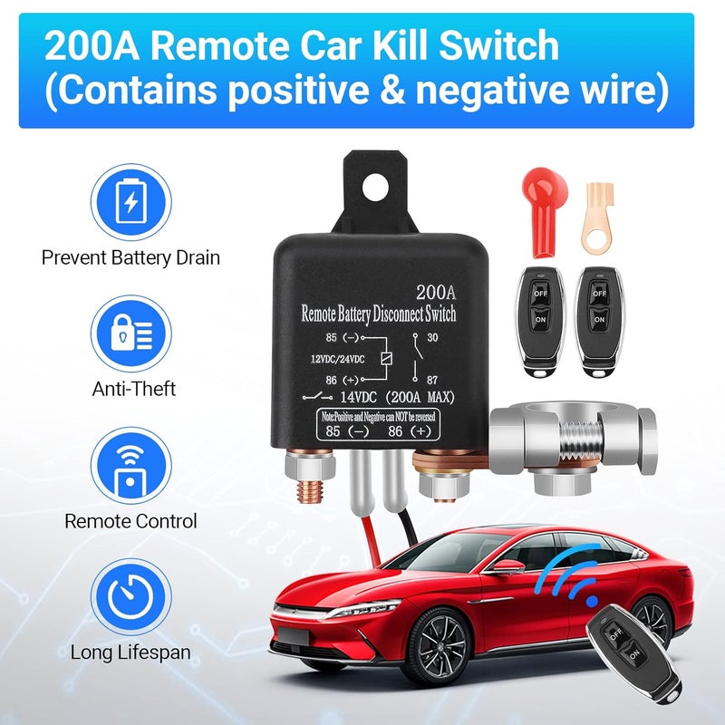FEITON DC12V 200A Remote Battery Disconnect Switch Kill Switch with Black Negative Wire for Car Truck Anti-Theft Prevent Battery Drain Battery Switch Isolator (360A Starting Current) - Image 3